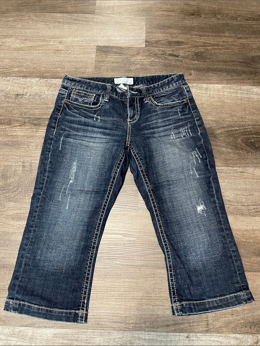 Maurices Dark Wash Straight Leg Capris with Light Distressing - Blue